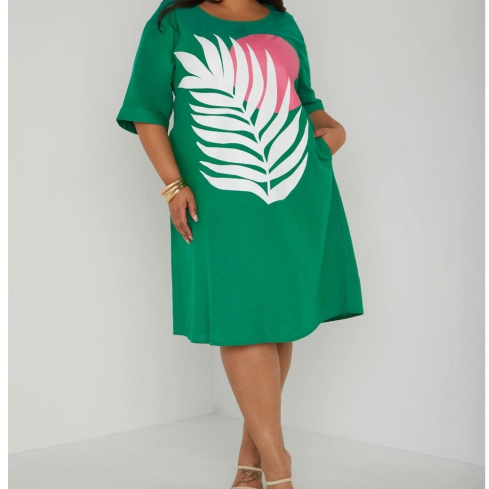 NWT Ashley Stewart Green Dress with Pink and White Palm Leaf Design Size 22/24